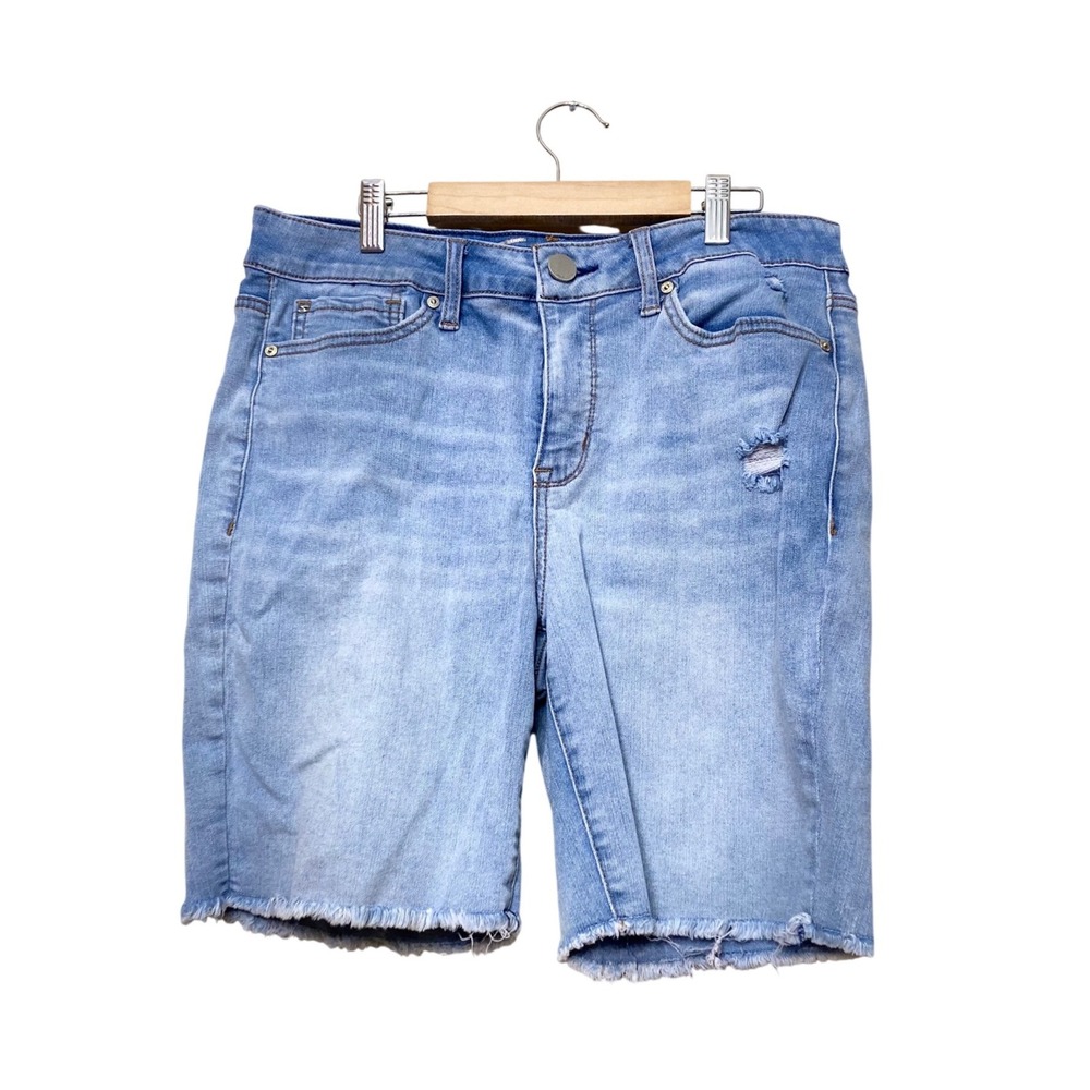 Seven7 Womens High Rise Bermuda Denim Shorts Light Wash Distressed Size 12